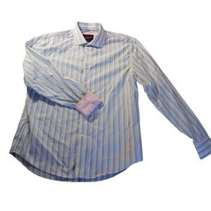 Egara Modern Fit Non-Iron Striped Stretch Dress‎ Shirt Flip Cuff Men's L